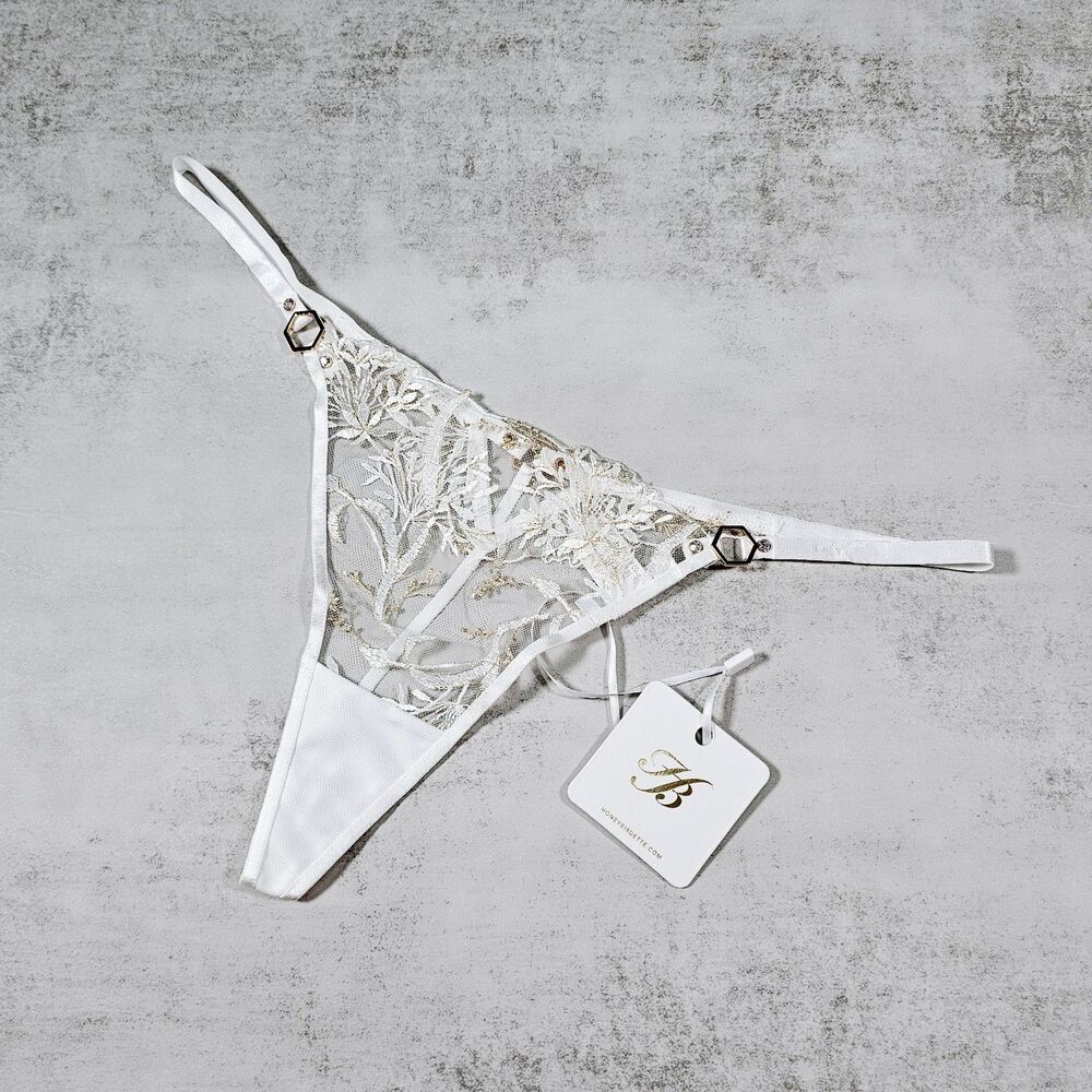 Honey Birdette Madeline Ivory Embroidered Floral Thong Panty Size L